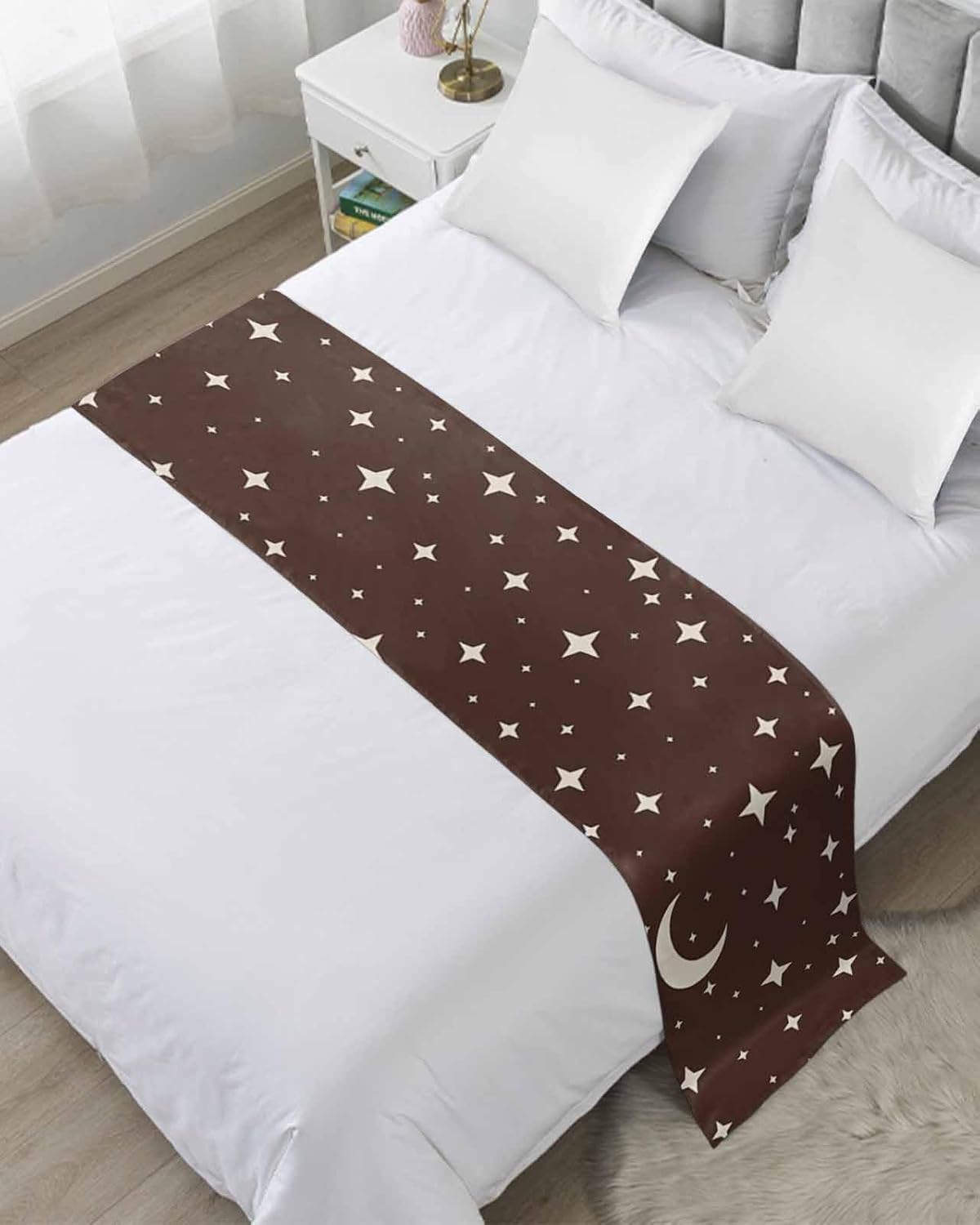 Modern Brown Bed Runner Scarf Twin Size, Japanese Style Moon Stars Minimalism Luxury Bed Throw Runners & Scarves for Twin Full Queen King Foot of Bed, Bedroom Hotel Wedding Room Decoration, 71"x20"