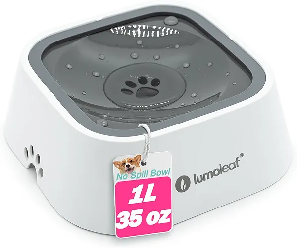 LumoLeaf No Spill Water Bowl for Dogs, Slow Feeder for Messy Drinkers, Drip-Free, Splash-Proof Design (Grey, 35oz)
