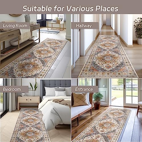 Madane Hallway Rug 3x10, Kitchen Rugs Washable Entryway Rug Vintage Kitchen Runners Non Slip Indoor Area Rug Farmhouse Carpet Runner for Bathroom Living Room Bedroom, Turmeric/Grey