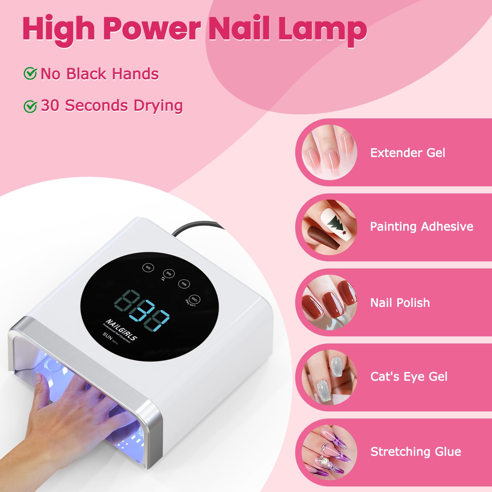 NAILGIRLS Lampes à Ongles LED, 150W Professionnelle pour Séchage Rapide des Gels, avec Capteur Automatique et Affichage LCD pour Usage Domestique et Salons d'Onicologie
