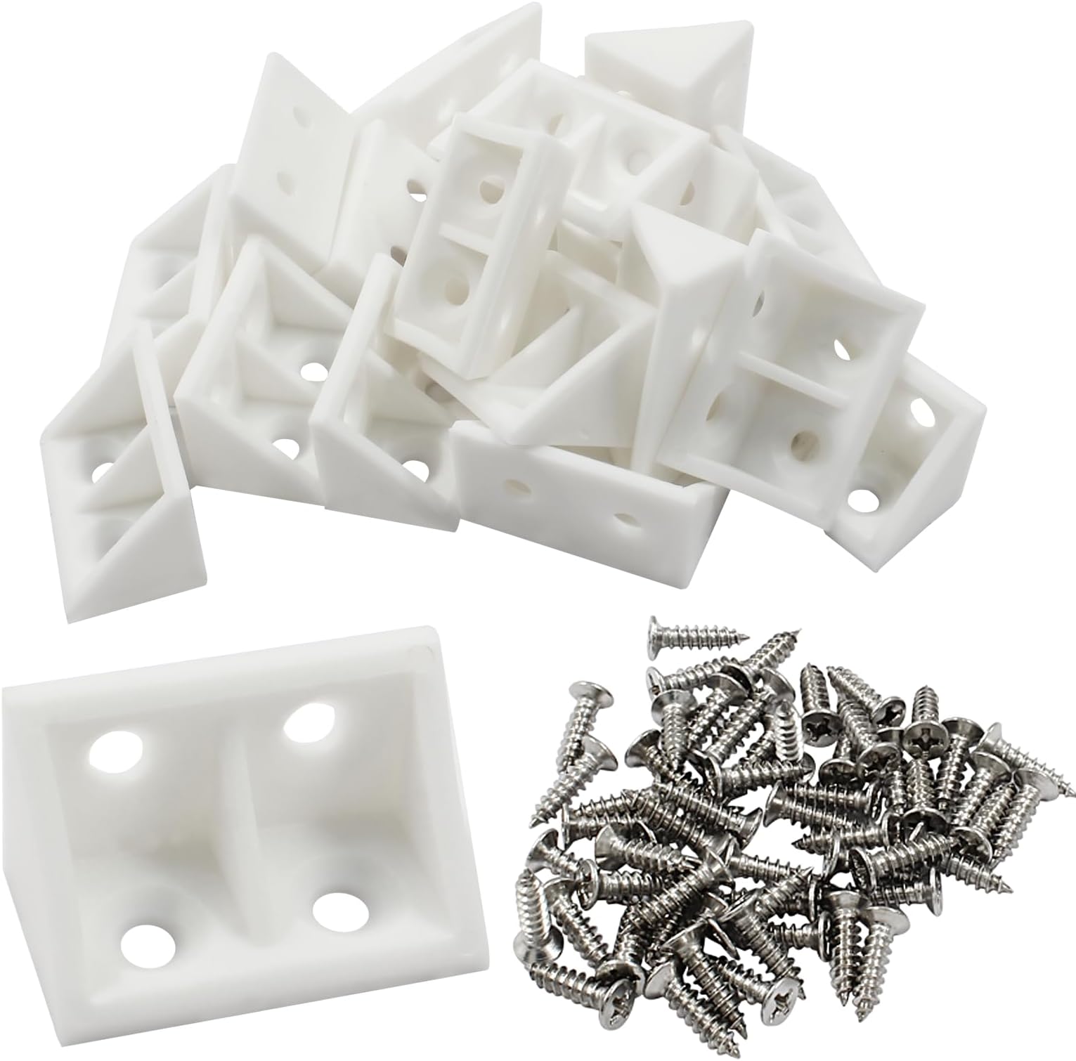 20 Pcs 0.7" White Right Angle Bracket with Screws Plastic L Brackets, 90 Degree Corner Brace Corner Support for Wood Shelf Chair Cabinet Box