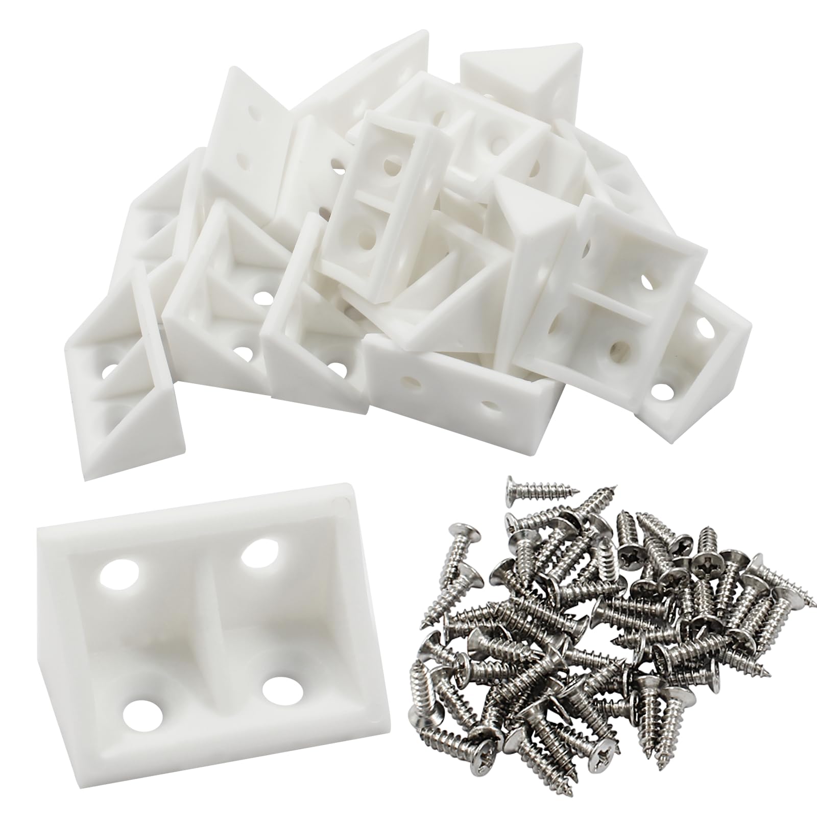 20 Pcs 0.7" White Right Angle Bracket with Screws Plastic L Brackets, 90 Degree Corner Brace Corner Support for Wood Shelf Chair Cabinet Box