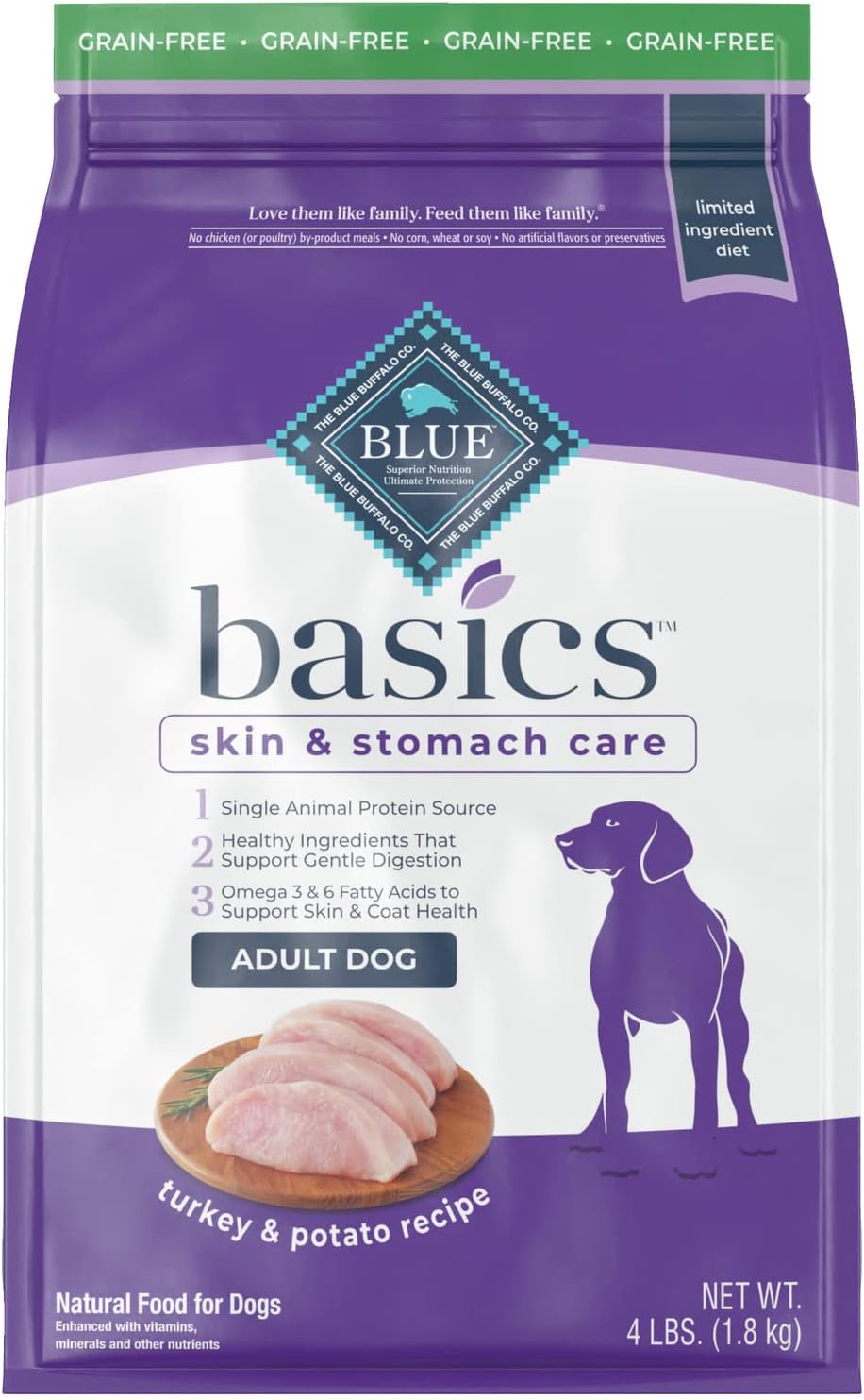 Blue Buffalo Basics Skin & Stomach Care, Grain Free Natural Adult Dry Dog Food, Turkey & Potato 4-lb