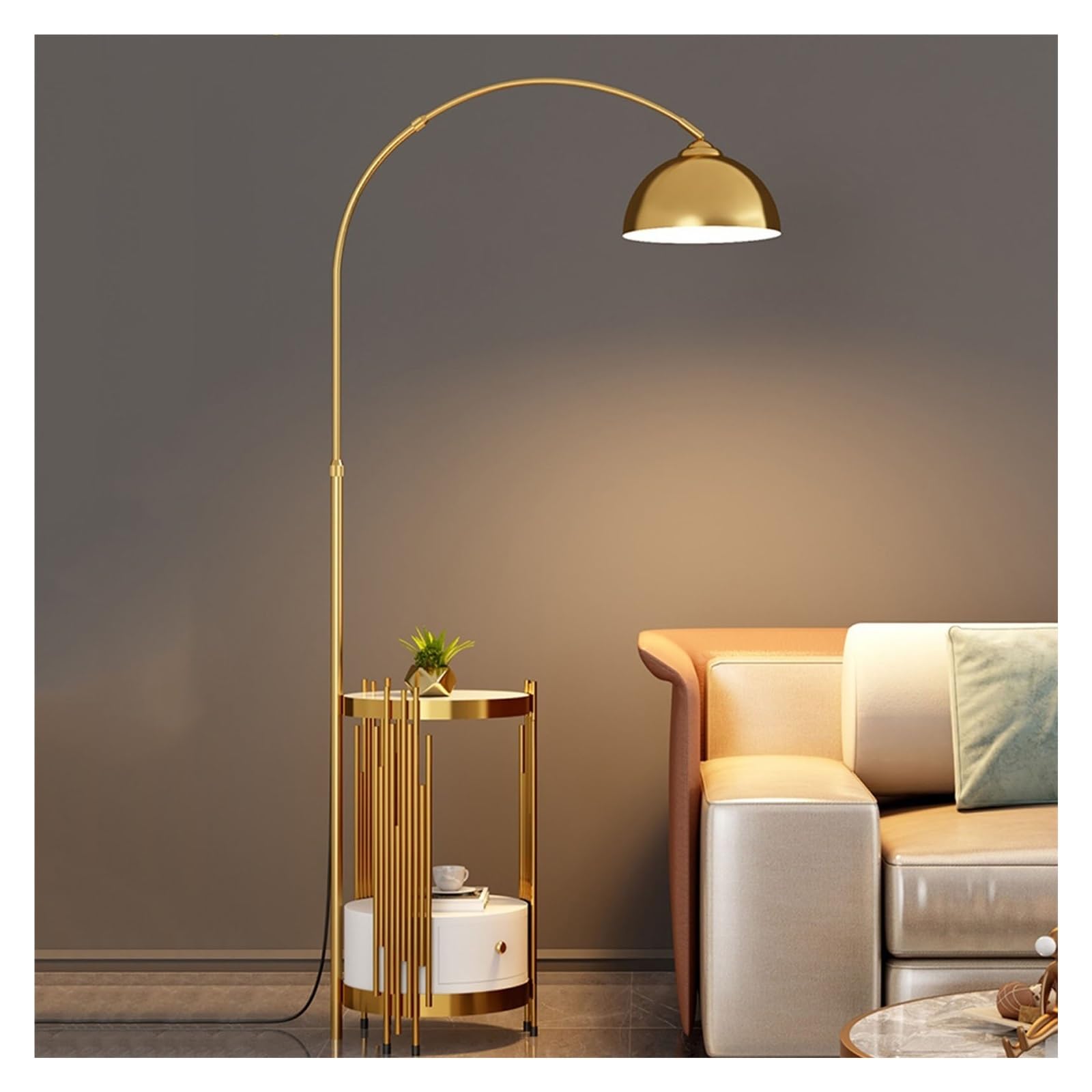 LJHFG63KUYT Standing Lamps Floor Lamp with Table and Drawers, Solid Wood Side with LED Bulb, End Tall Pole Standing Light for Bedroom, Office Decorate(Gold)