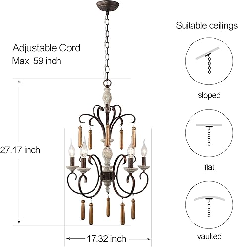 Miniatura 2 de Candelabro de campo francés, lámpara de madera rústica con brazo de flor, 5 luces hechas a mano, color blanco envejecido, lámpara de araña para