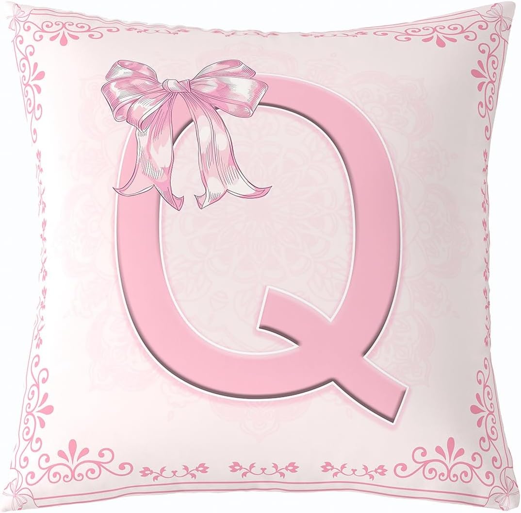Manfei Pink Letter Q Throw Pillow Cover Princess Bowknot Double Sides Pillow Case for Kids Boys Girls,Watercolor Floral Bow Cushion Cover for Bed Couch Sofa,1 Pack 24"x24"