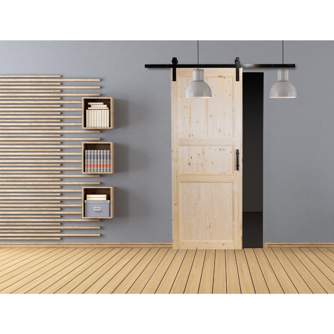Porta Abete Grezzo Scorrevole Esterno Muro - 210 x 70 - Reversibile - Kit Carrello e Maniglia Incluso