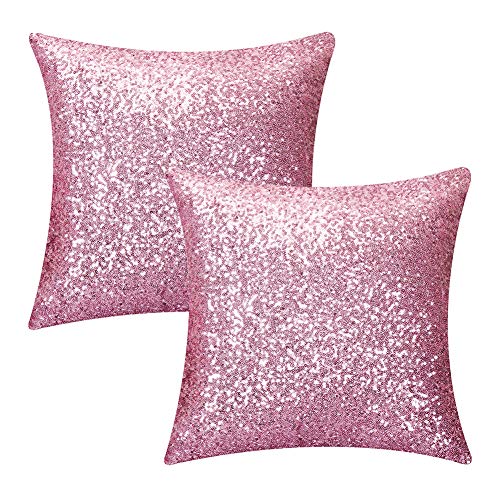 Kithomer Sequins Throw Pillow Cover Solid Glitter Sequins Decorative Square Pillow Case Comfy Satin Solid Cushion Cover For Couch Sofa 16 X 16 Inch, (2 Packs,Pink) #TOP8