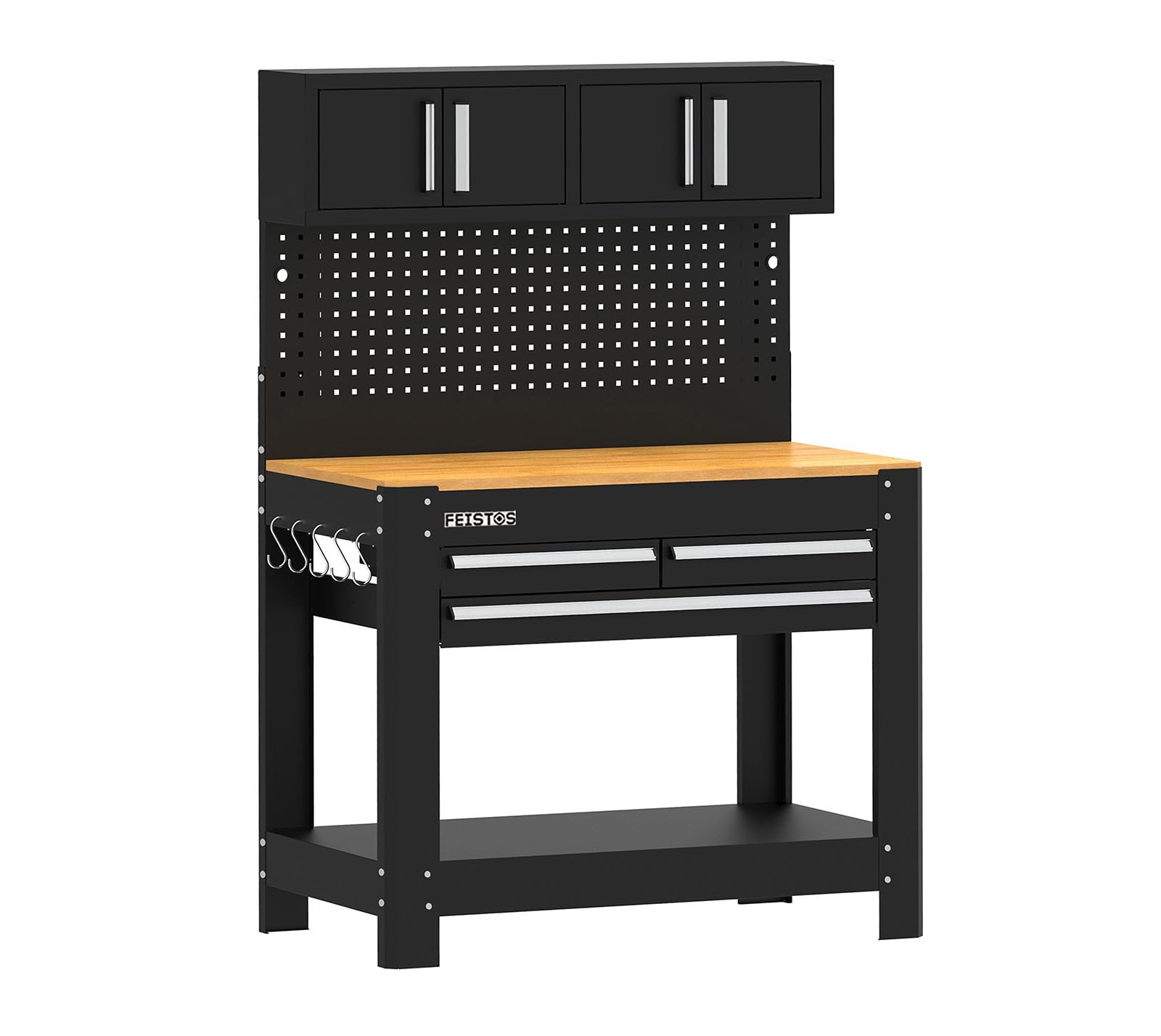 Monos 2 Werkbank | Metall Werkstattschrank Schwarz | Multiplex Arbeitsplatte | 61 cm Tiefe | mit Lochwand