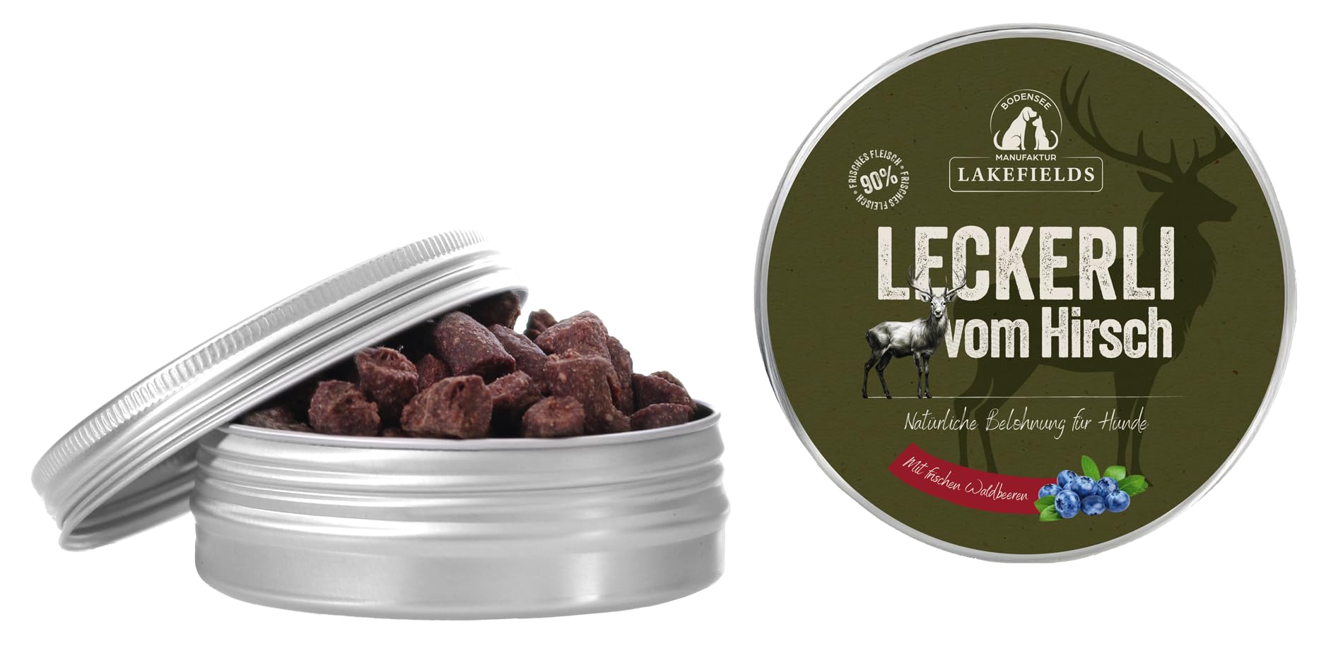 Lakefields Hundeleckerli | Trockenfleischwürfel vom Wild | 50g | 90% Hirschfleisch | Getreidefreie Hunde Snacks mit Kartoffeln & Waldbeeren | Knusprige Belohnung für Zwischendurch | Ohne Zusätze