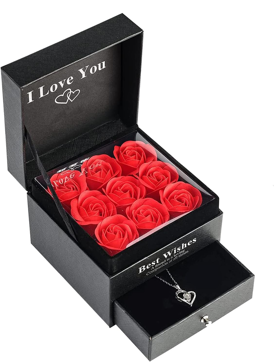 Preserved Rose Flower I LOVE YOU Gift Box Drawer,Handmade Eternal Rose for her on Valentine's Day,Mother's Day Anniversary Wedding Romantic|Black|