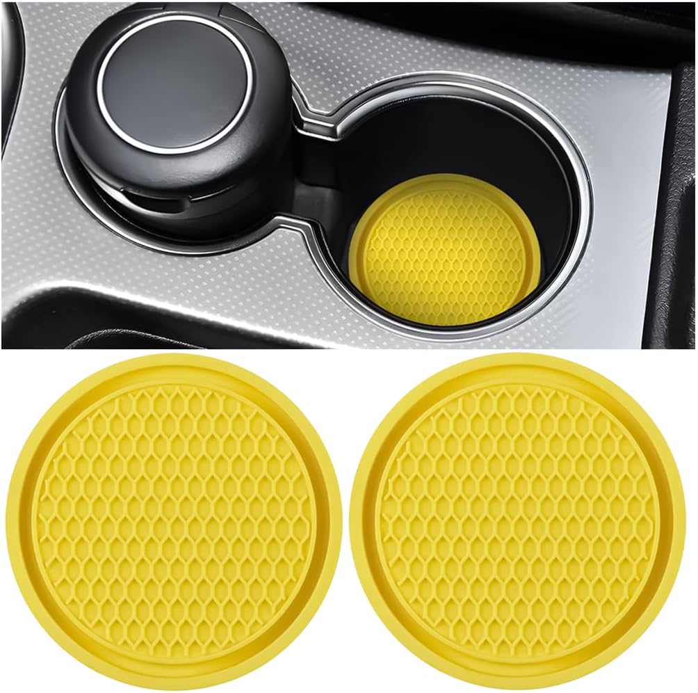 2 Pack Car Cup Holder Coaster, 2.75 Inch Diameter Non-Slip Universal Insert Coaster, Durable, Suitable for Most Car Interior, Car Accessory for Women and Men(Yellow)