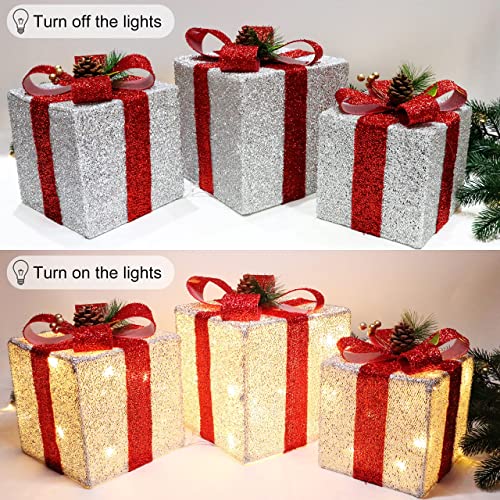 Aesto Christmas Lighted Boxes, Set Of 3 Lighted Gift Boxes With Red Bows For Christmas Decorations Indoor Outdoor #TOP2
