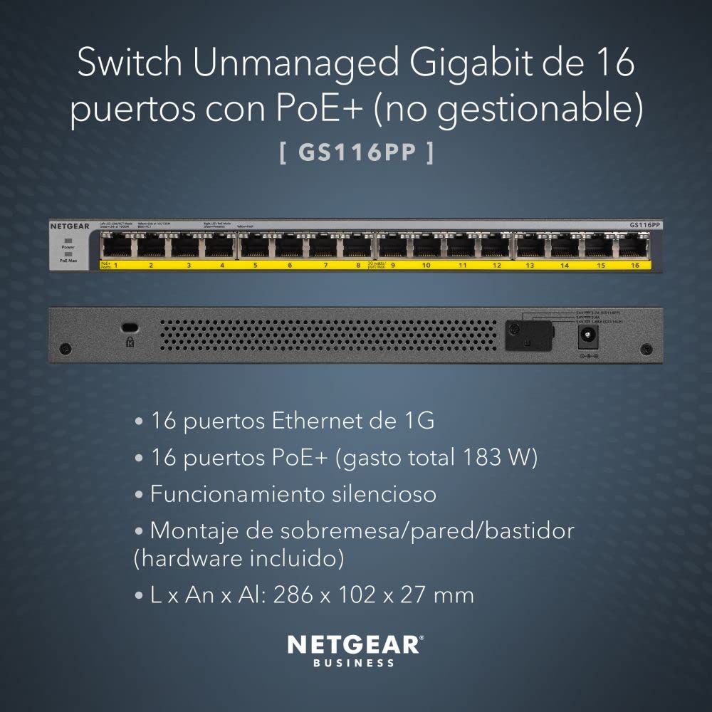 NETGEAR Switch Gigabit Ethernet POE de 16 puertos no gestionado (GS116PP) | con 16x PoE+ consumo 183 W, de sobremesa | montaje en pared o en bastidor, y protección limitada