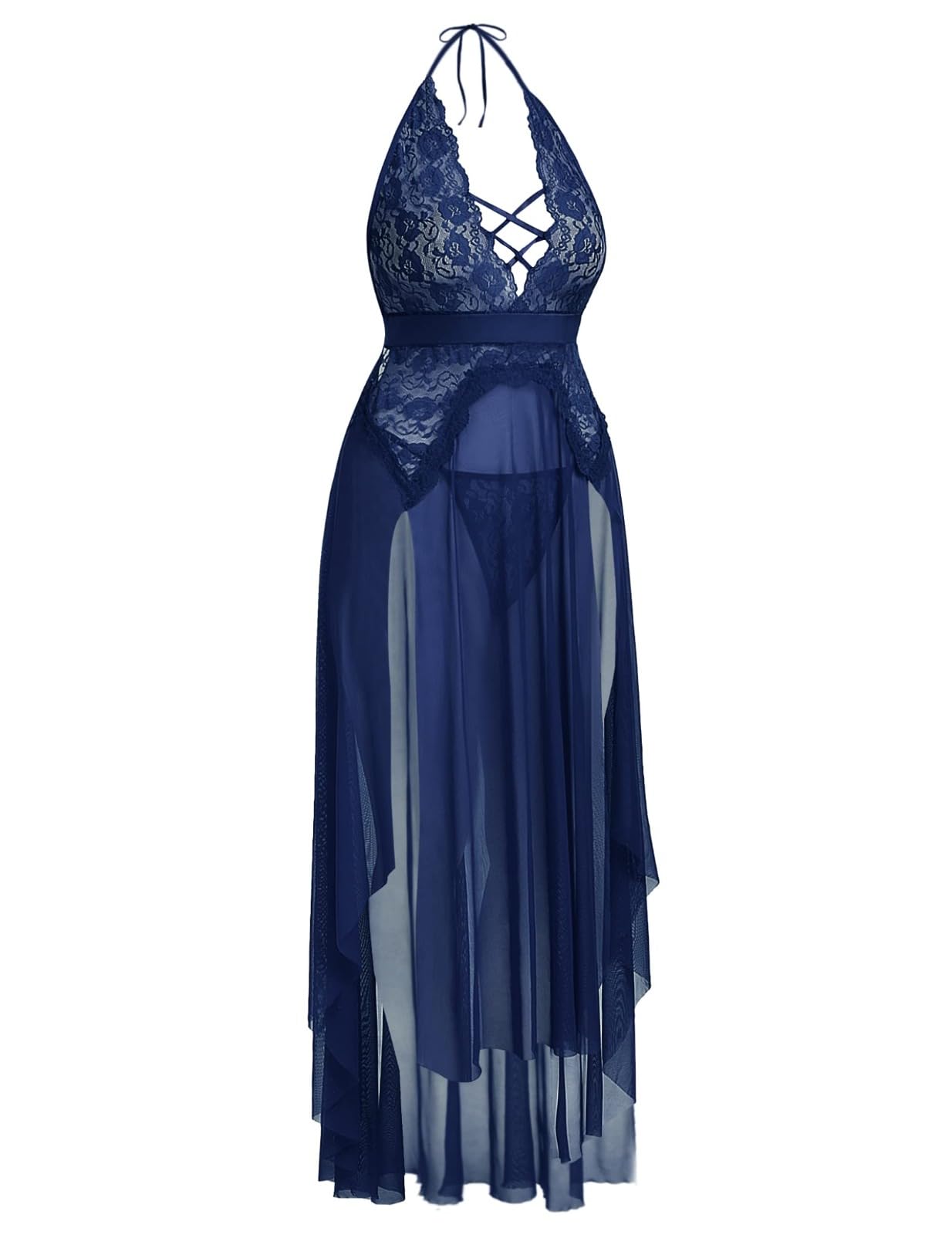 Nightgown Silk Net Maxi Length Babydoll for Women, Lace Halter Neck Sleeveless Long Night Dress with FVelisseOralowing Net Design, Soft & Lightweight Nightwear for Women-image-6