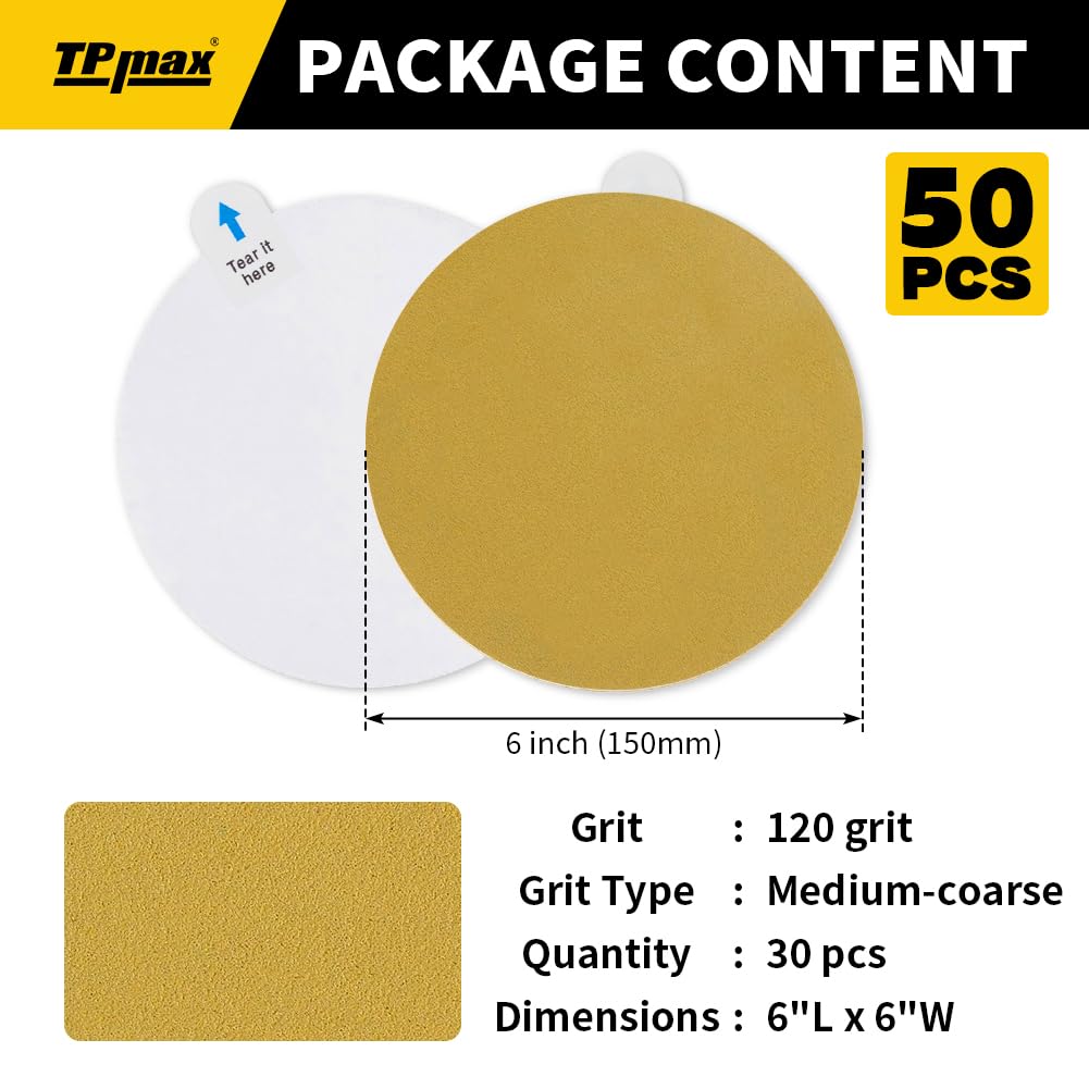 TPmax 6-Inch 120-Grit Gold PSA Sanding Discs, 50 Pack – Pro-Grade Self-Adhesive Stickyback Sandpaper with Quick-Release Tabs for DA Sander, Medium-Coarse Automotive/Wood/Metal Sanding