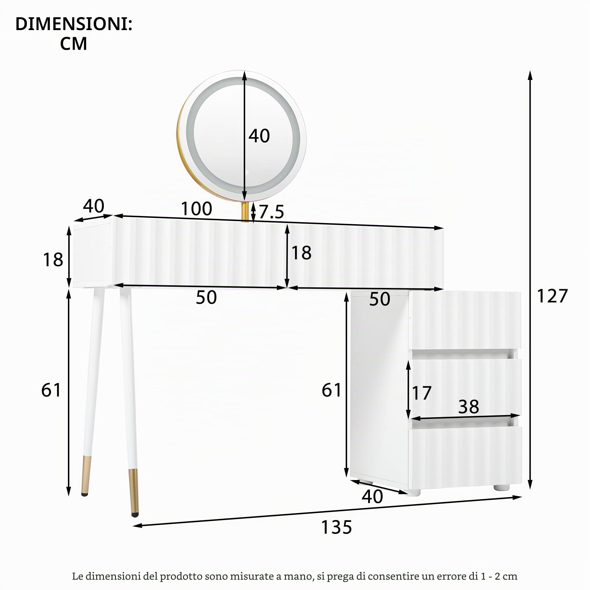 Lcoho Tavolo da toeletta con specchio a LED e illuminazione - Set da toeletta bianco per camera da letto con 5 cassetti spaziosi - Dimensioni: B100/H127/T40 cm (senza sgabello)