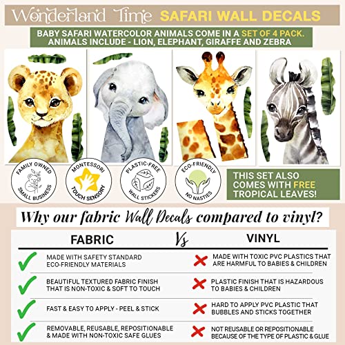 Safari Wall Decals, Fabric Boho Baby Watercolor Animal Wall Stickers, Montessori Sensory Touch, Nursery Decor Set Of 4, Lion, Elephant, Giraffe, Zebra. Newborns, Kids Room Decor, Classroom Decorations #TOP3
