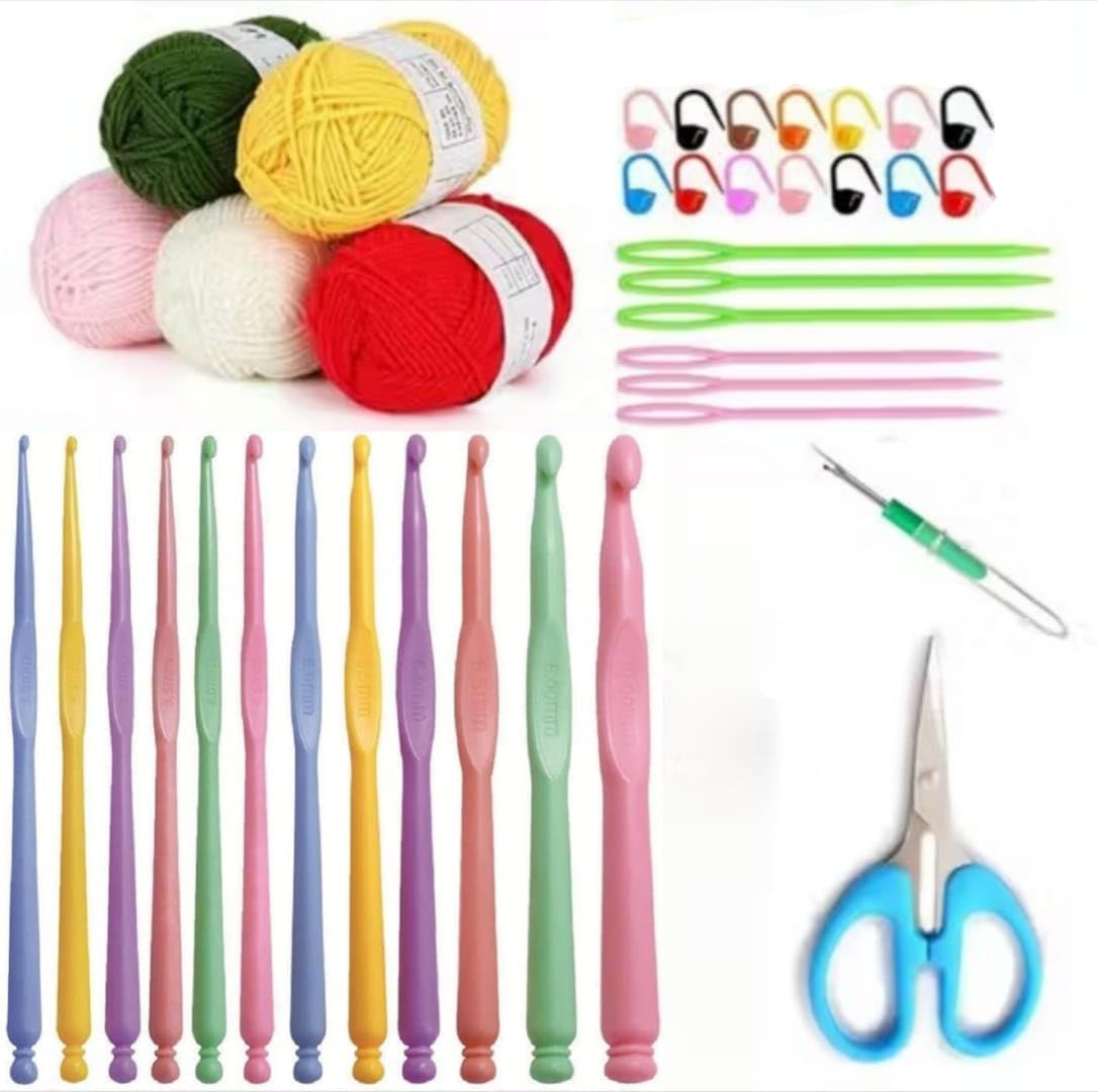 VIRADHAM Crochet Kit for Beginners β 12 Size Crochet Hooks Set with Yarn Balls, Stitch Markers, Plastic Needles & Scissors, Complete Starter Kit for Knitting, DIY Craft & Amigurumi Projects (Plastic Hook Yarn)