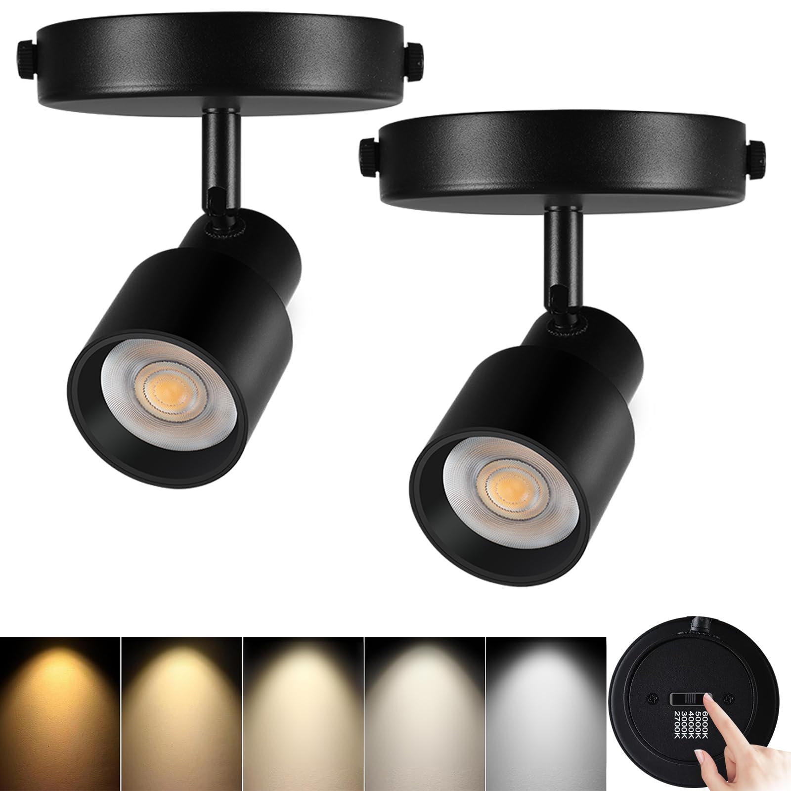 2-Pack Flush Mount LED Ceiling Spotlight Indoor, 10W Dimmable Adjustable Directional Spot Lights, 5-Color 2700K-6000K, CRI90 Flicker-Free Indoor Bright Accent Fixture for Kitchen Bedroom Black