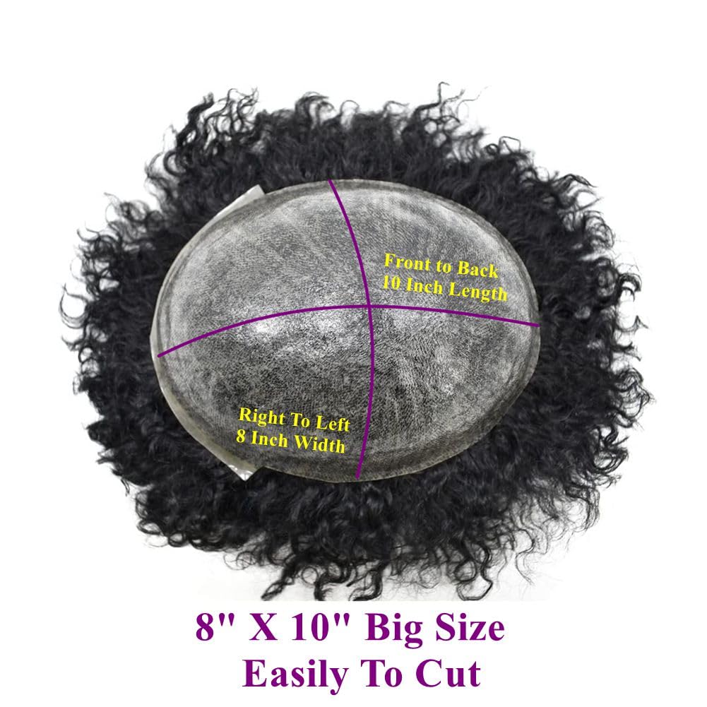 Afro Toupee for Black Men 100% Human Hair 12MM Afro Wave Full PU Skin Invisible Hair System Mens Hair Replacement Unit for African American 1B# Natural Black