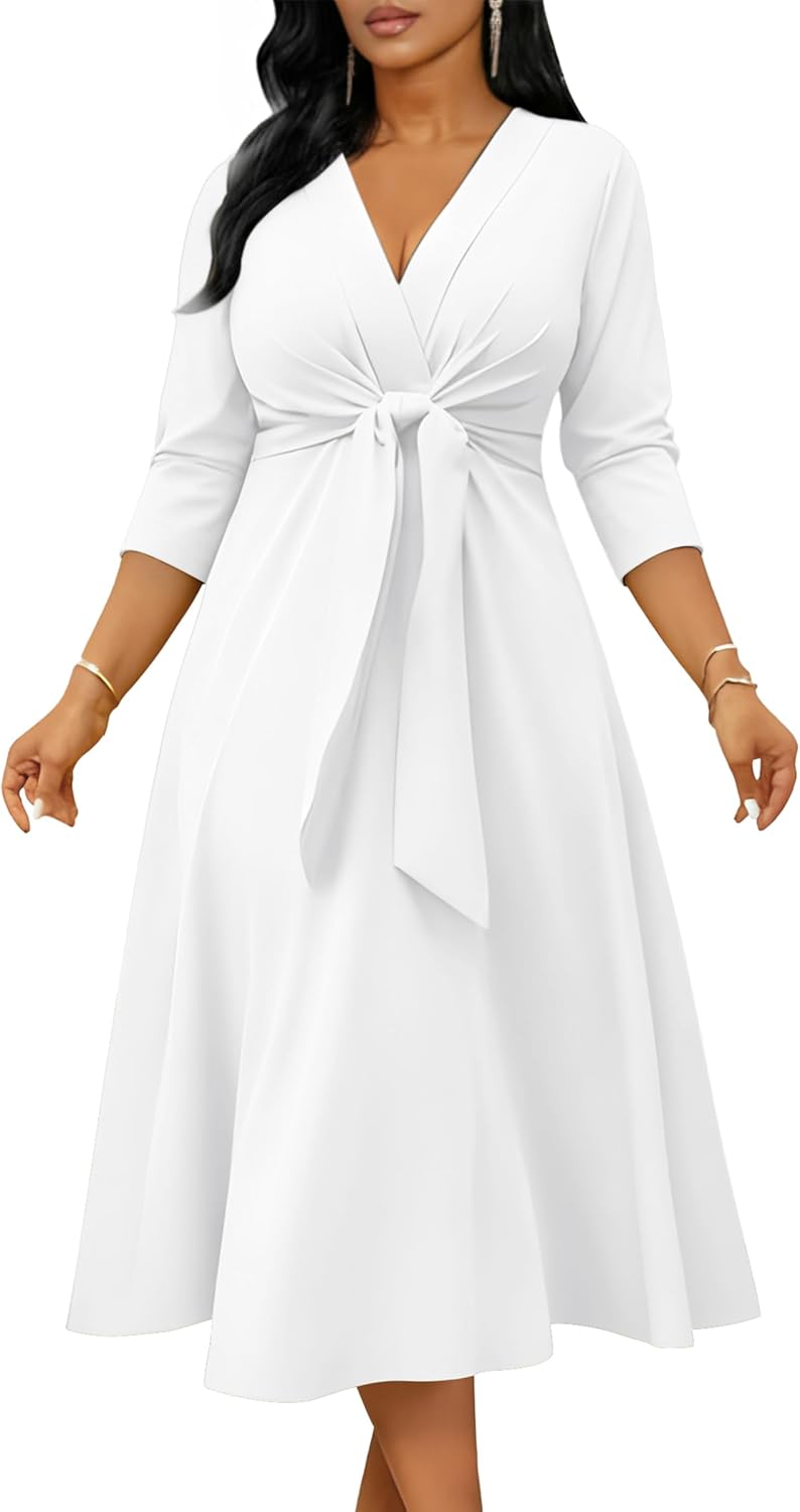 Nmoder Midi Dress for Women, V Neck Tie Front Fit and Flare Cocktail Dresses for Wedding Guest A-Line Dress with Pockets