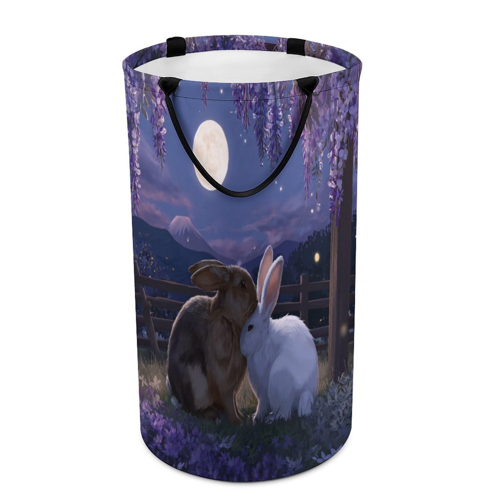 LUYYSKY Cute Vintage Animal Bunny Versatile Storage Laundry Basket, Beautiful Classic Full Moon Wooden Fence Plant Wisteria Flowers Large Bathroom Laundry Hamper With Handle-40 CM Dia, 69 CM High