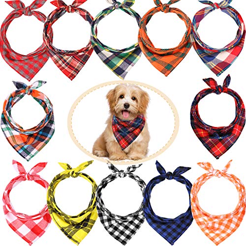 12 Pieces Dog Bandanas - Triangle Dog Scarf, Washable Reversible Printing, Bibs Dog Kerchief Set, Suitable for Small or Medium-Sized Cat and Dog Pets (Lattice Graphic)