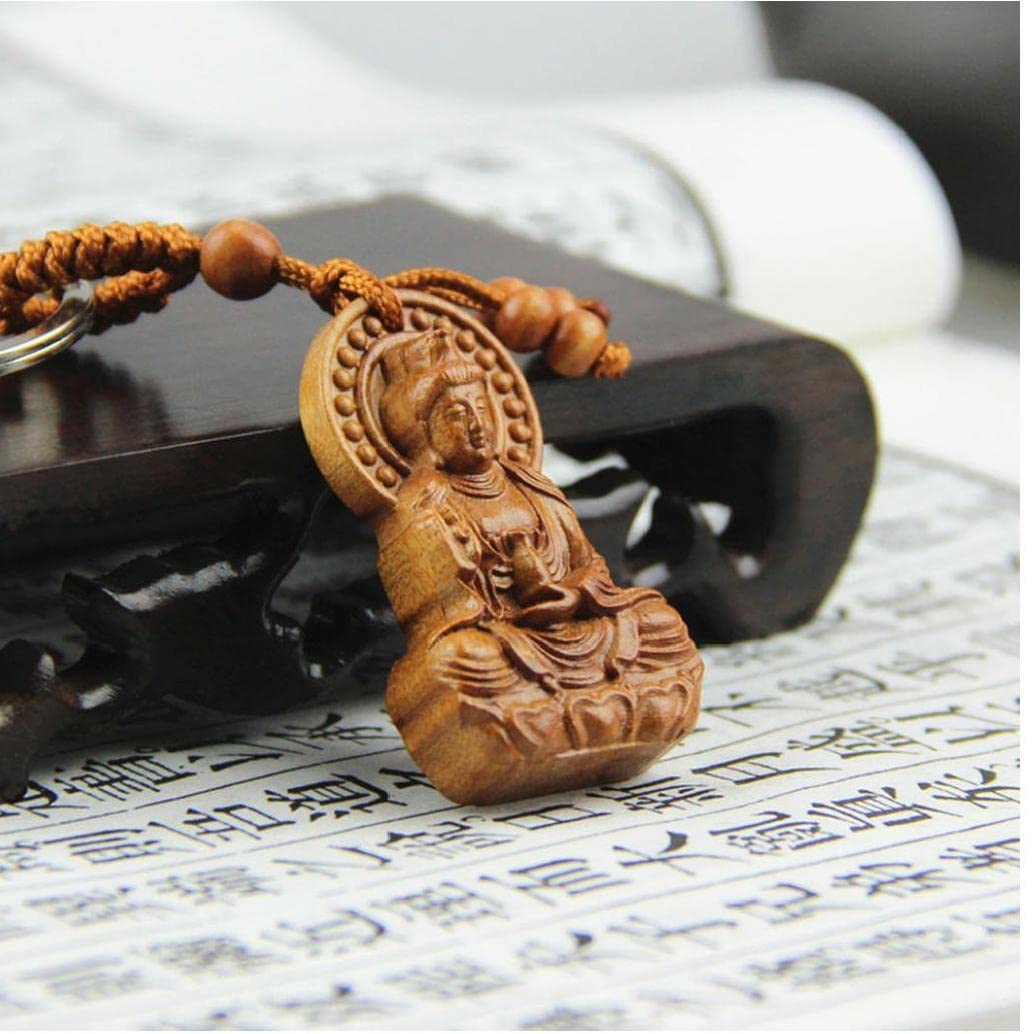 Wood Carving Chinese Buddhism Guan Kwan Yin Buddha Statue Pendant Key Chain
