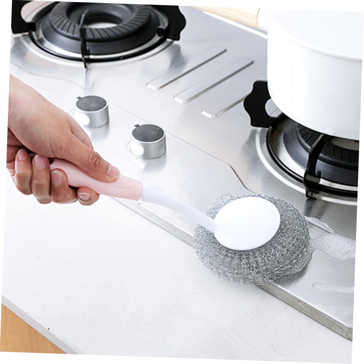 KOMBIUDA 3pcs Stainless Steel Sponges Metal Scouring Pads Long Handle Brush Cleaning Steel Ball Steel Scrubbers