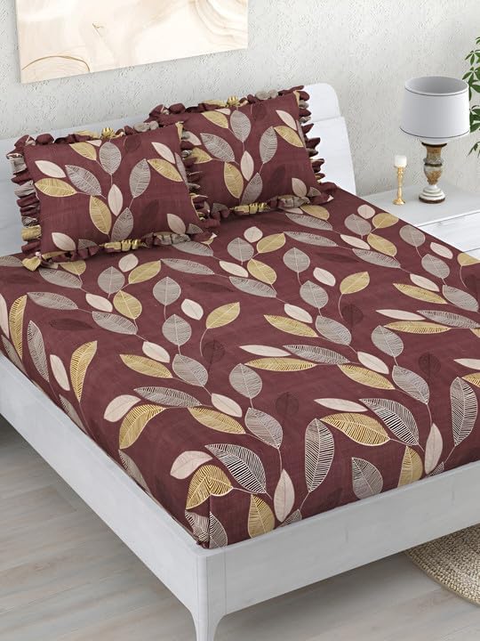 Image of 380 TC Premium Glace Cotton Elastic Fitted Bedsheet King Size with 2 Pillow Covers King Size | Double Bed with All Around Elastic (Wine New, Fitted - 72 inchx78 inch King)