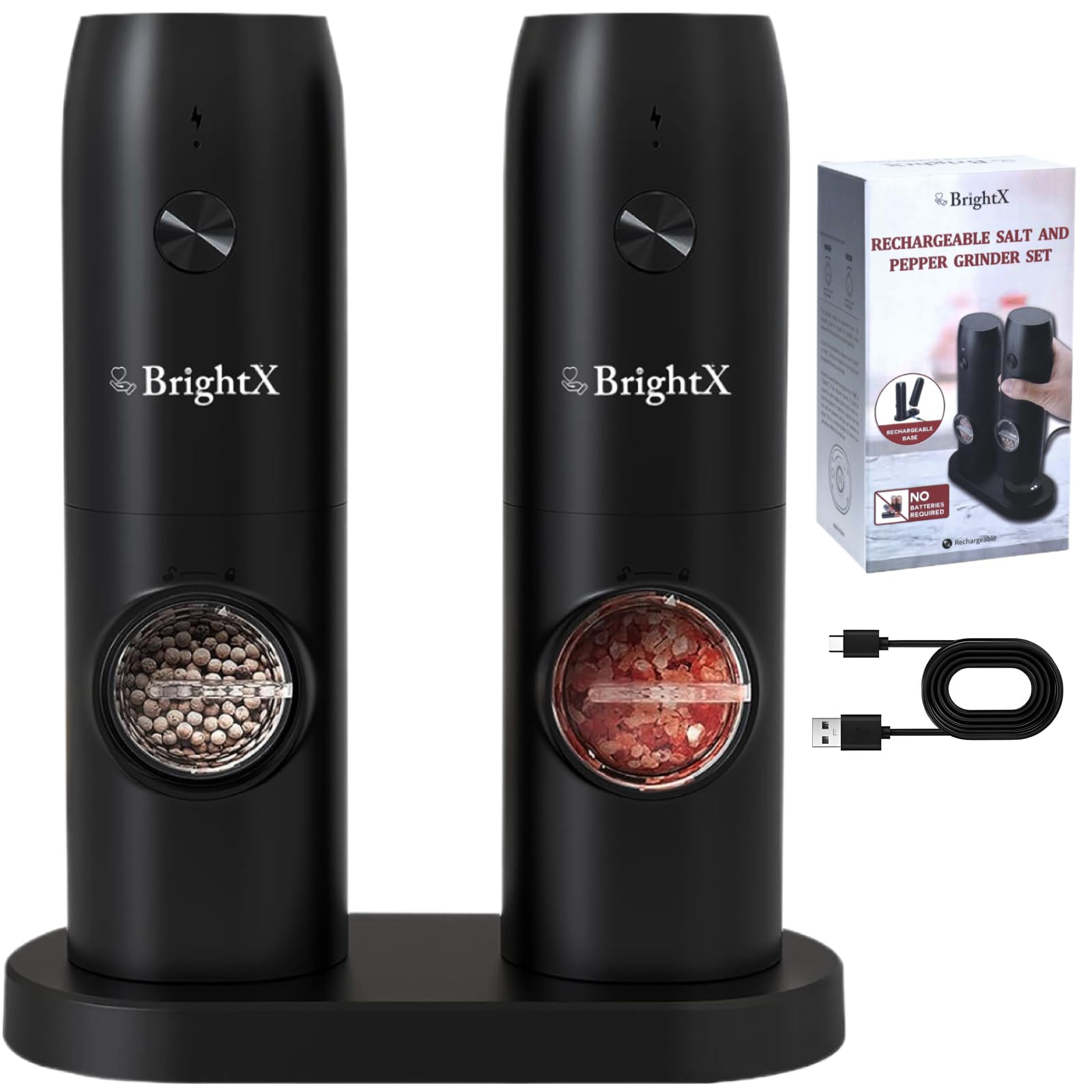 Premium Electric Salt and Pepper Grinder Set – USB Rechargeable Automatic Spice Mills with Charging Base, Adjustable Coarseness, LED Light | Ceramic, Cordless, Refillable, Automatic Salt Shakers