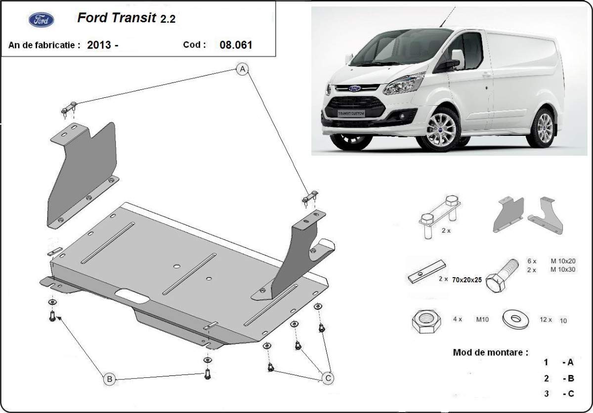 Protección inferior de motor de acero compatible con Ford Transit Custom (2013-2019)