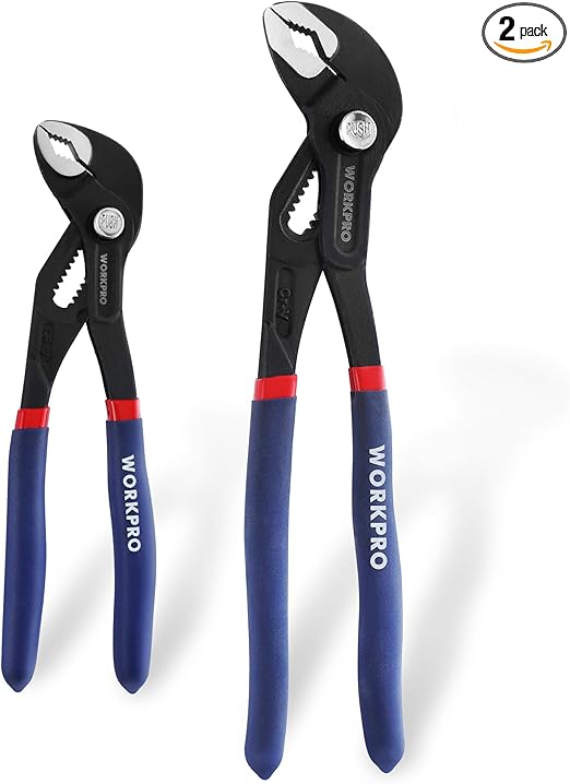WORKPRO 2 Piece Groove Joint Pliers Set, 7 & 10-Inch Fast Adjustable Water Pump Pliers, V-Jaw Tongue and Groove Pliers in CRV Steel