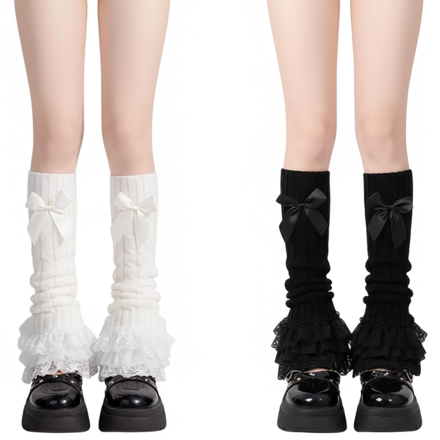 2 Pairs 20inch Womens Knit Leg Warmers Y2K Bow Lace Trim Knee High Leg Sleeve Socks for Lolita