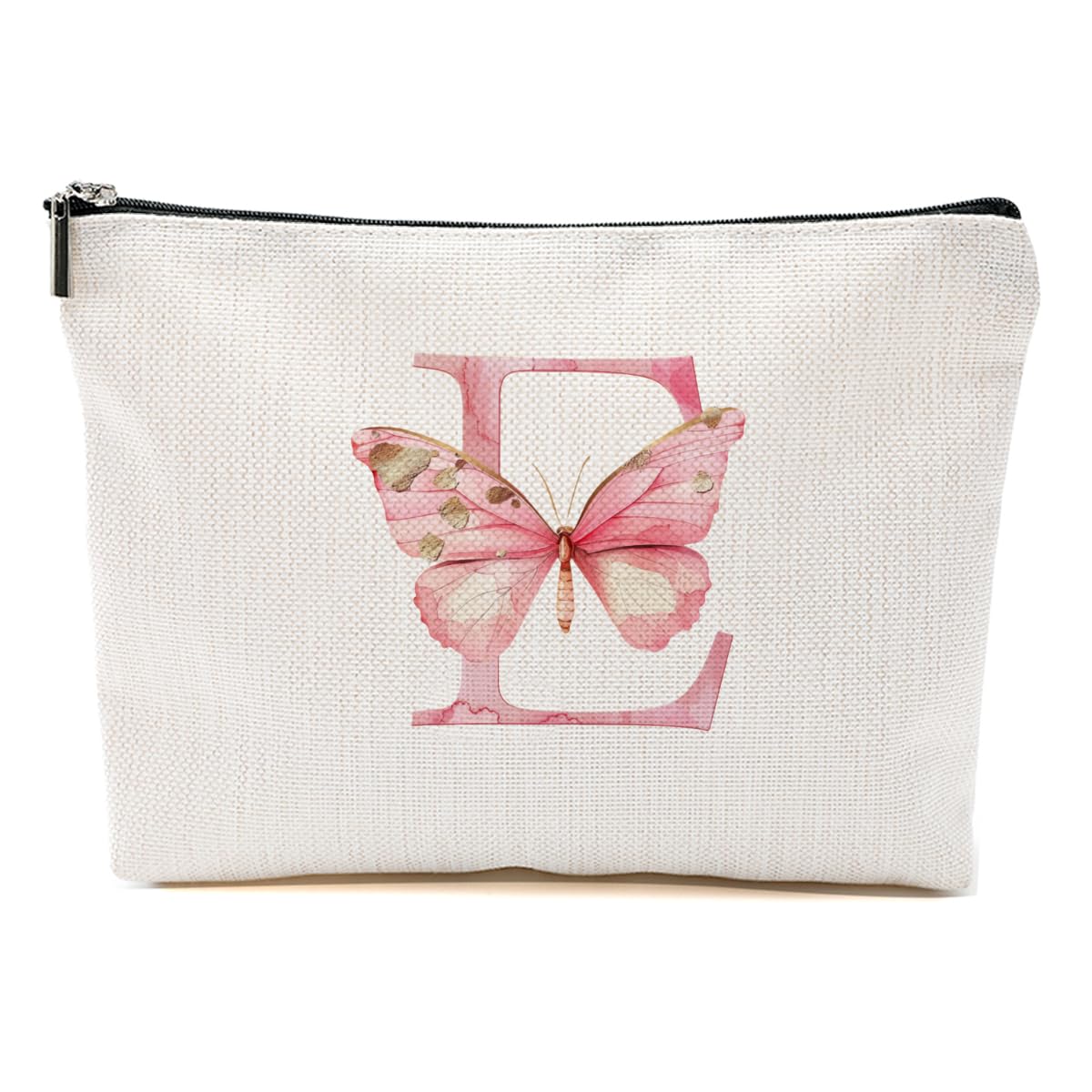 Initial Makeup Bag Pink Butterfly E Personalized Cosmetic Bag Monogrammed Gifts for Women Girls Bride Daughter Monogram Zipper Pouch for Friendship