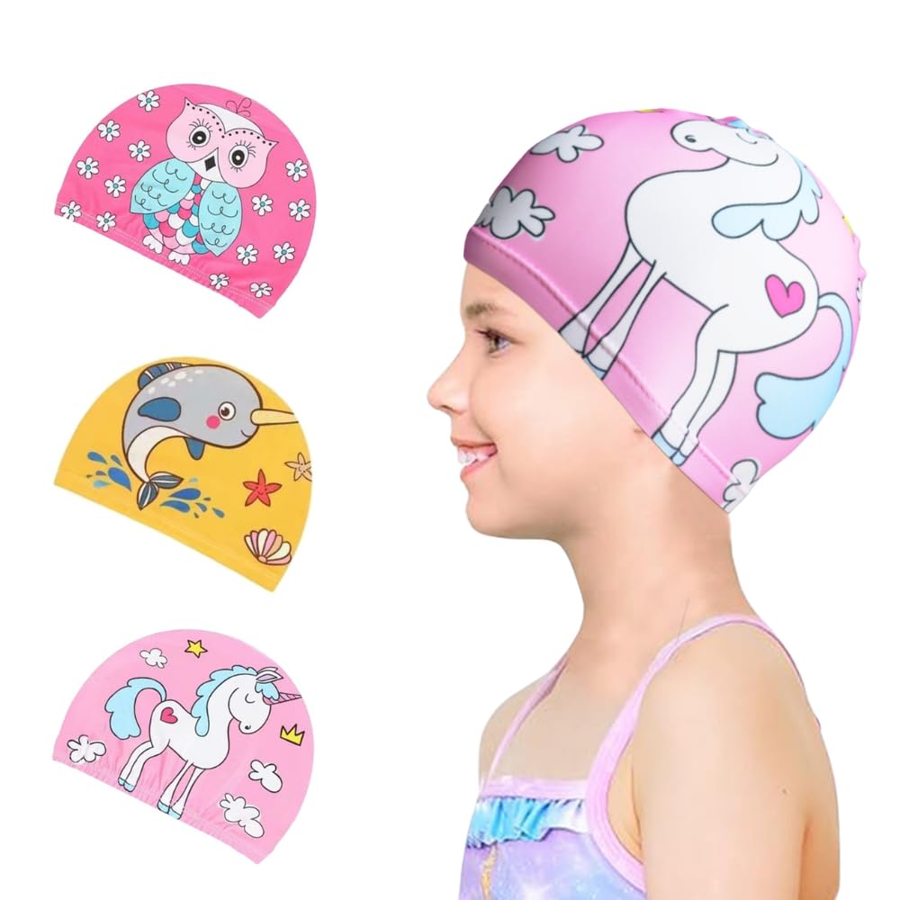 Crazybean 3 Pcs Gorro Natación Animados Elásticos de Tela Gorro Piscina para Niños Niña