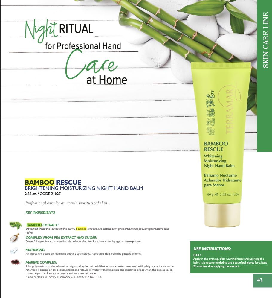 Terramar Bamboo Rescue Whitening Night Hand Balm - Moisturizing Cream, Reduces Dark Spots, Hydrates & Softens Dry Hands, Promotes Bright Skin, 2.82 oz
