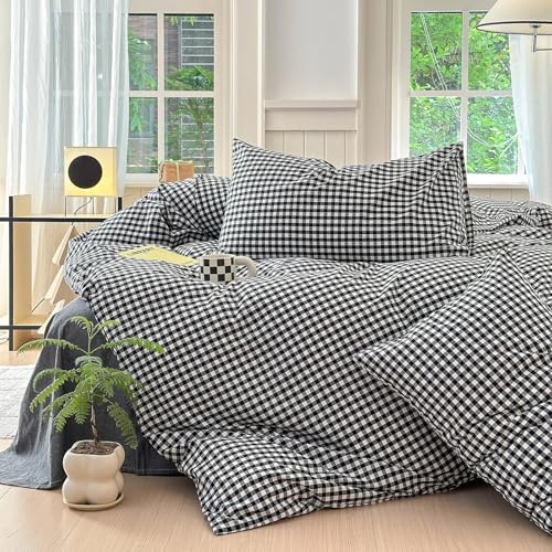 Image of LifeTB Black Gingham Comforter Full Size Boho Plaid Checkered Pattern Comforter Geometric Grid Plaid Printed Bedding Comforter Set with 2 Pillowcases Fluffy Bed Luxury Soft Gingham Bedding Set Full