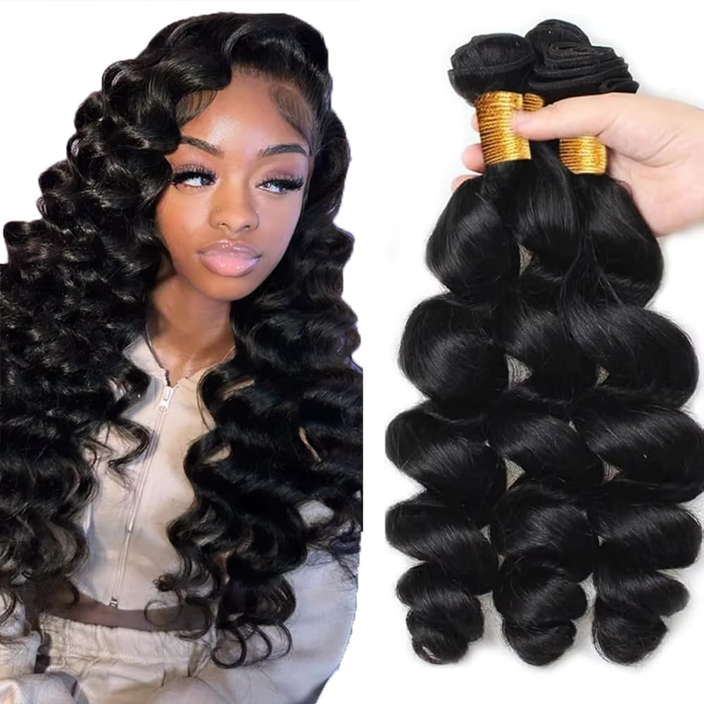 Photo 1 of #1B Human Hair Bundles Loose Deep Wave Bundles 18 18 18 Inch Unprocessed Brazilian Virgin Hair Weave 3 Bundles Human Hair Extensions Natural Color Bundle 50 Grams Per Bundle