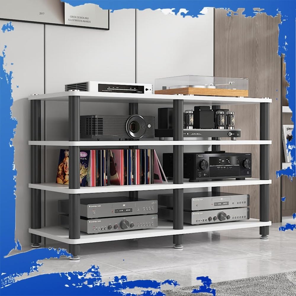 Stojak na audio wideo, 4-poziomowa szafka do przechowywania multimediów, 119 cm, dwurzędowy stojak na nośniki AV, stojak na wzmacniacz HiFi, szafka pod telewizor o dużej pojemności z drewnianą półką,