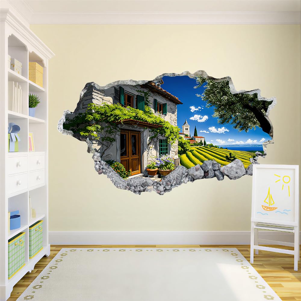 Wandtattoo 3D Durchbruch Hausbaum Wandsticker Wanddekoration selbstklebend Ländliche Frühlingslandschaft Wandaufkleber Deko Schlafzimmer Wohnzimmer Kinderzimmer Kunst Wohnkultur Wandbilder