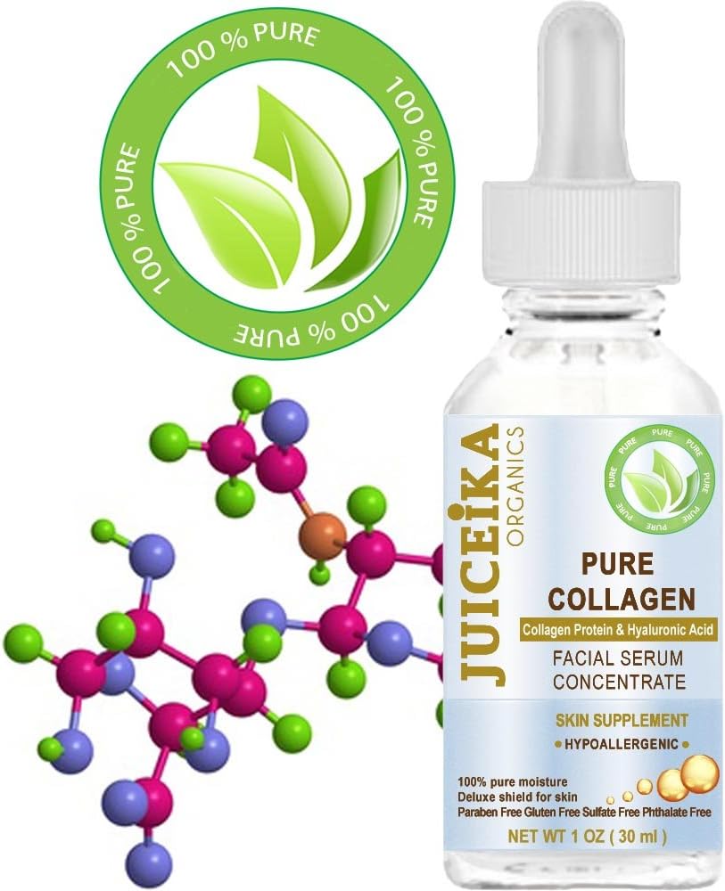 PURE COLLAGEN Collagen Protein, Peptides, Hyaluronic Acid. FACIAL MOISTURIZER for Face, Neck Decollete 1 Fl. oz. - 30 ml. by Juiceika