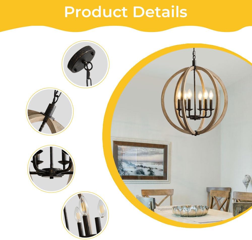 T&A Orb 6 Light Farmhouse Chandelier, Brown Wood Chandelier Globe Hanging Lights Fixture for Dining Room Bedroom Foyer Entryway and Living Room