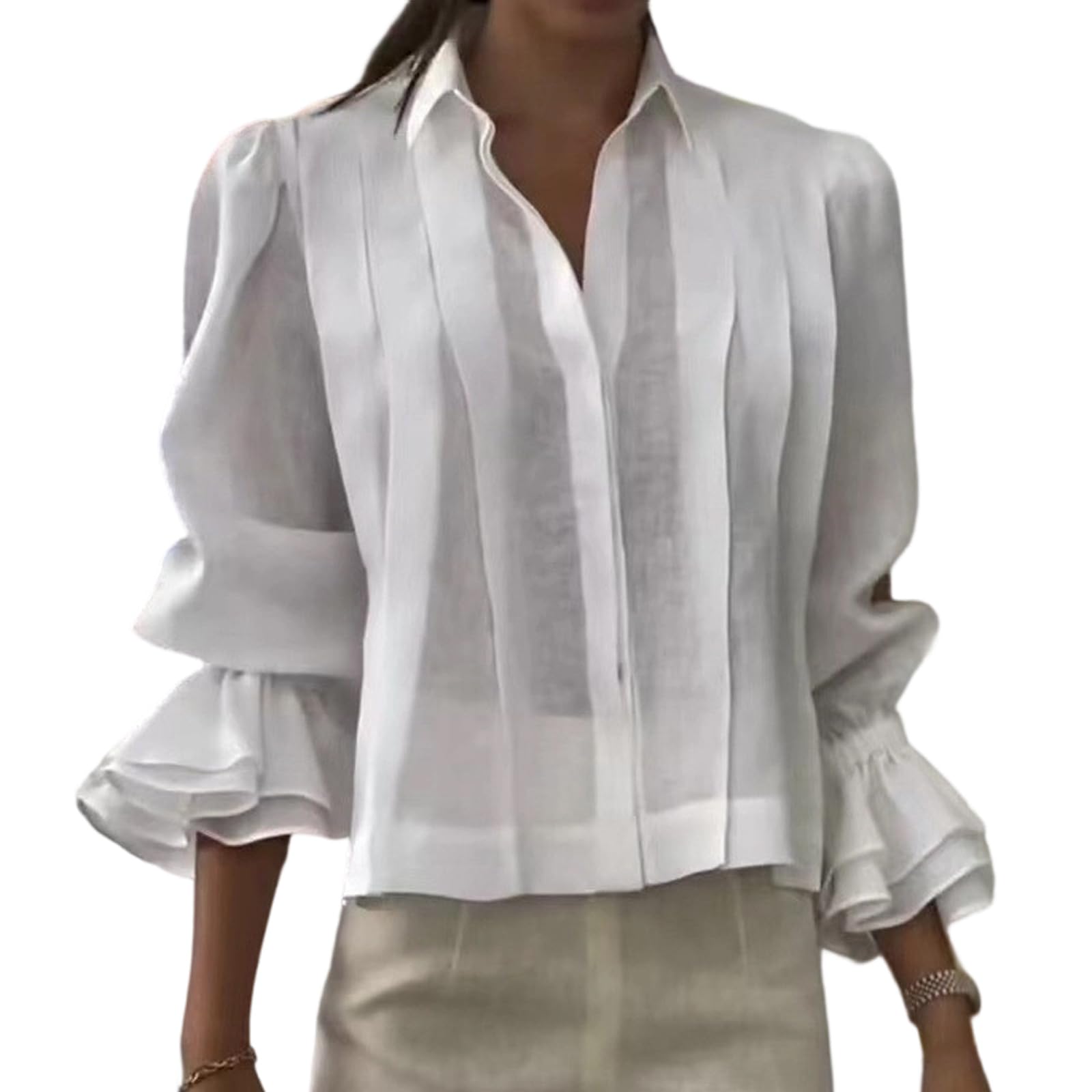 Camicia da donna con bottoni e risvolto, camicetta trasparente con pannello plissettato, sensazione in morbido misto cotone e camicia da lavoro
