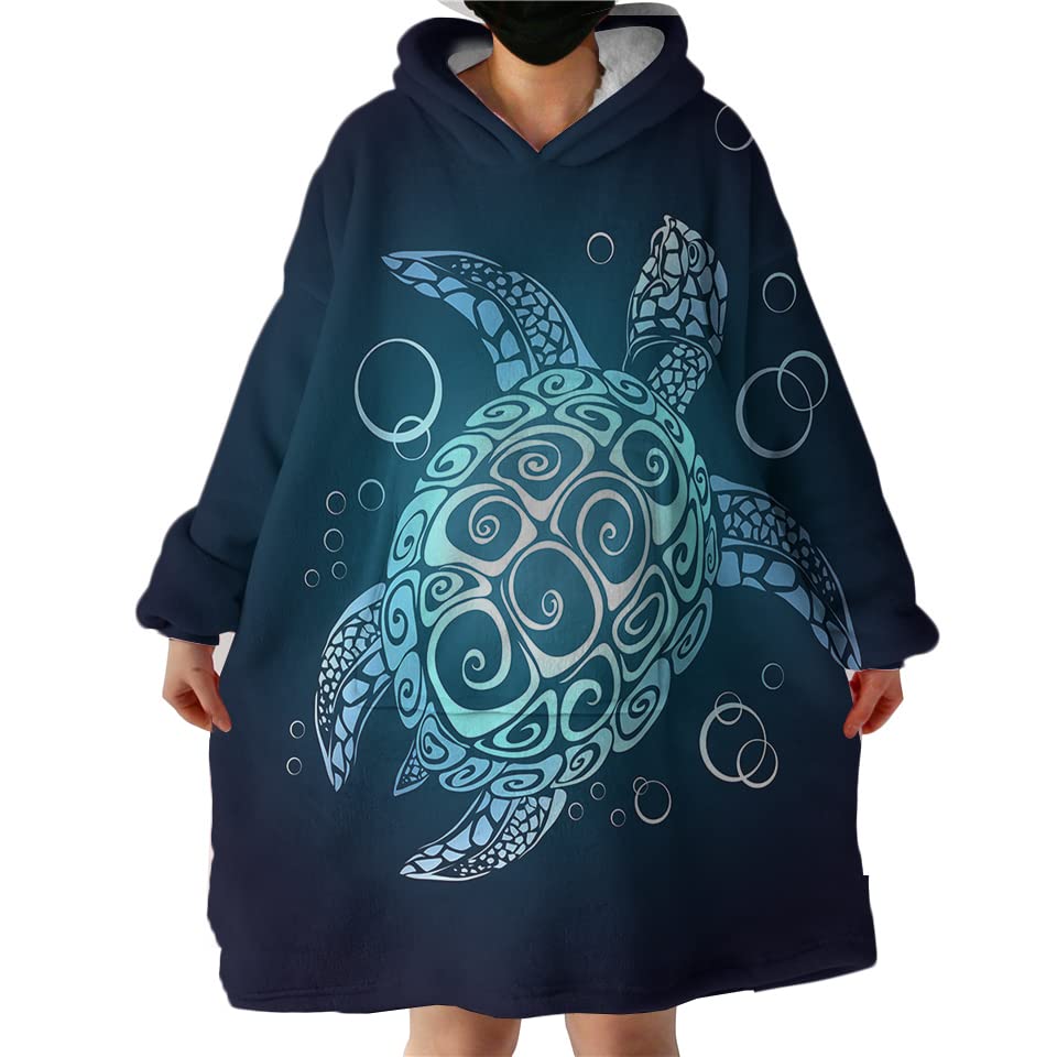 Sleepwish Turtle Wearable Blanket Hoodie, Beach Oversized Sherpa Blanket Sweatshirt with Hood Pocket and Sleeves, Teal Turquoise, Super Soft Warm Plush Blanket (Kids 54