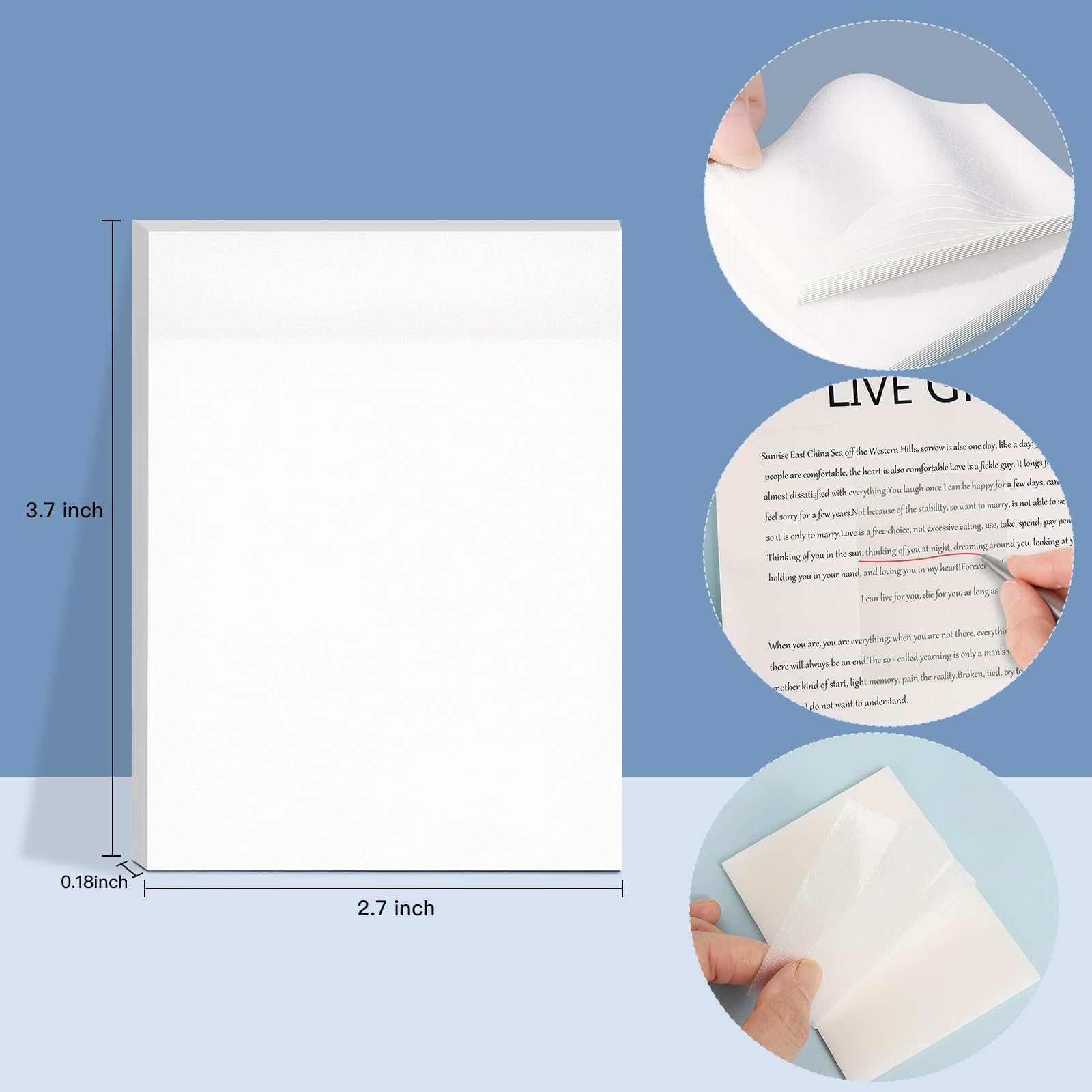 Transparente Haftnotizen, 9,4 x 7,9 cm, wasserdicht, selbstklebende Notizen, einfach zu versenden für Büro, Zuhause, Notizbuch, Meeting, Bürobedarf, geeignet für alle Stifte, 150 Blatt