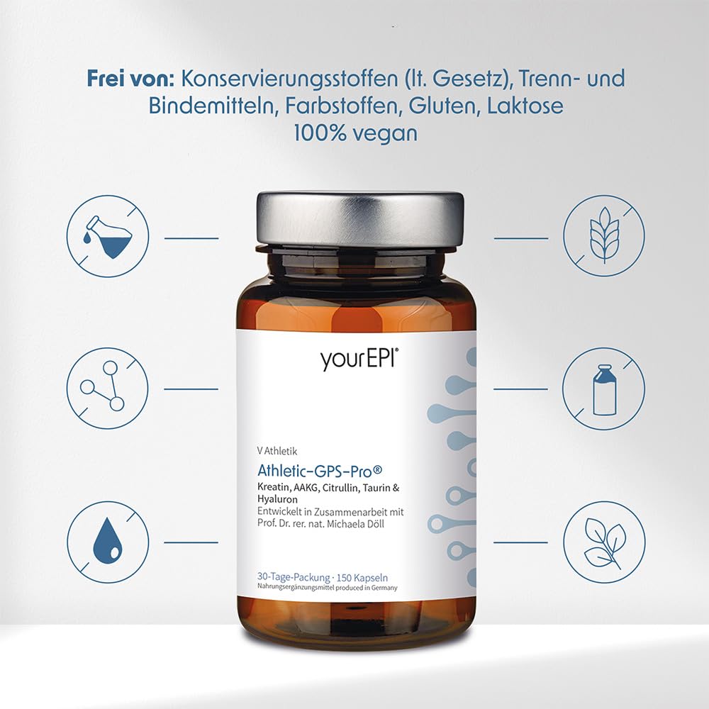 NatuGena Athletic-GPS-Pro Sport, Workout, Kreatin, Citrullin, Taurin, Hyaluron, B-Vitamine (B6, B2, B12), Magnesium, 150 Kapseln (30 Tage Packung)