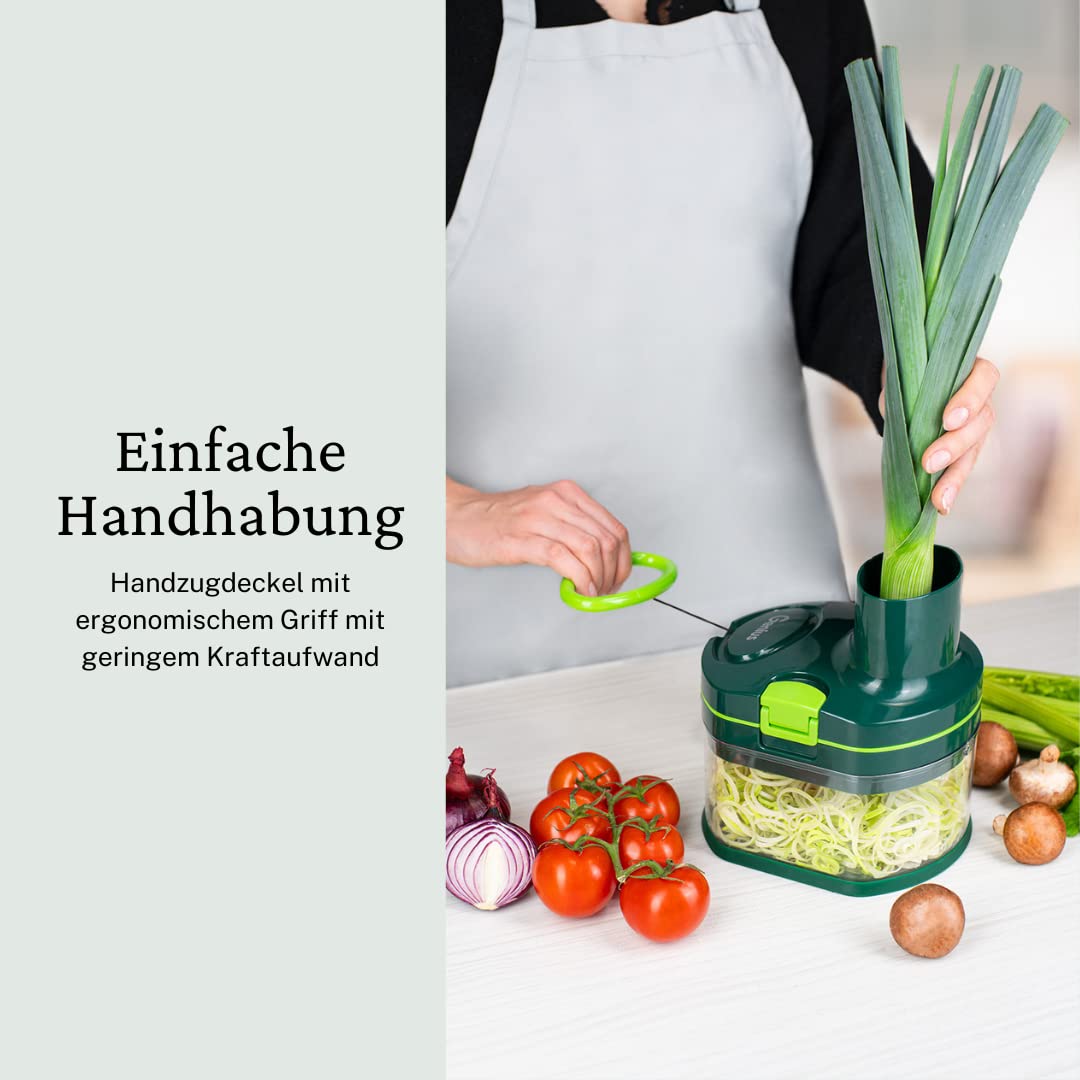 Genius Nicer Dicer Pegasus Gemüsezerkleinerer Deluxe-Set 20-tlg | Handzugdeckel | geringer Kraftaufwand | Gemüseschneider für schnelles & sicheres Arbeiten + Salatschleuder…, Grün