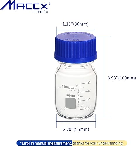 Miniatura 5 de Botellas redondas de vidrio de 3.4 onzas (3.4 fl oz), botella de vidrio de borosilicato resistente con tapa de rosca GL45, paquete de 6,